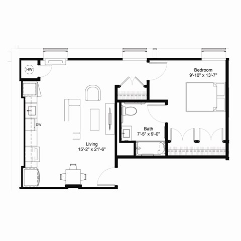 Floor plan for 1 bed, 1 bath, 653 sqft